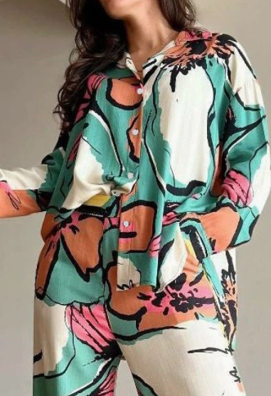 Flower Print Buttoned Lapel Blouses Top + High Waisted Wide Leg Pants Bottom Two Pieces Set